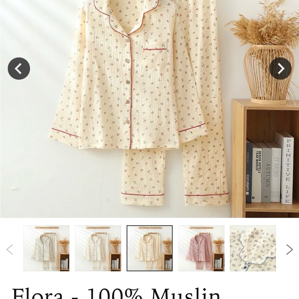 Red Flower Cream, 100% Muslin Cotton Pajama Set